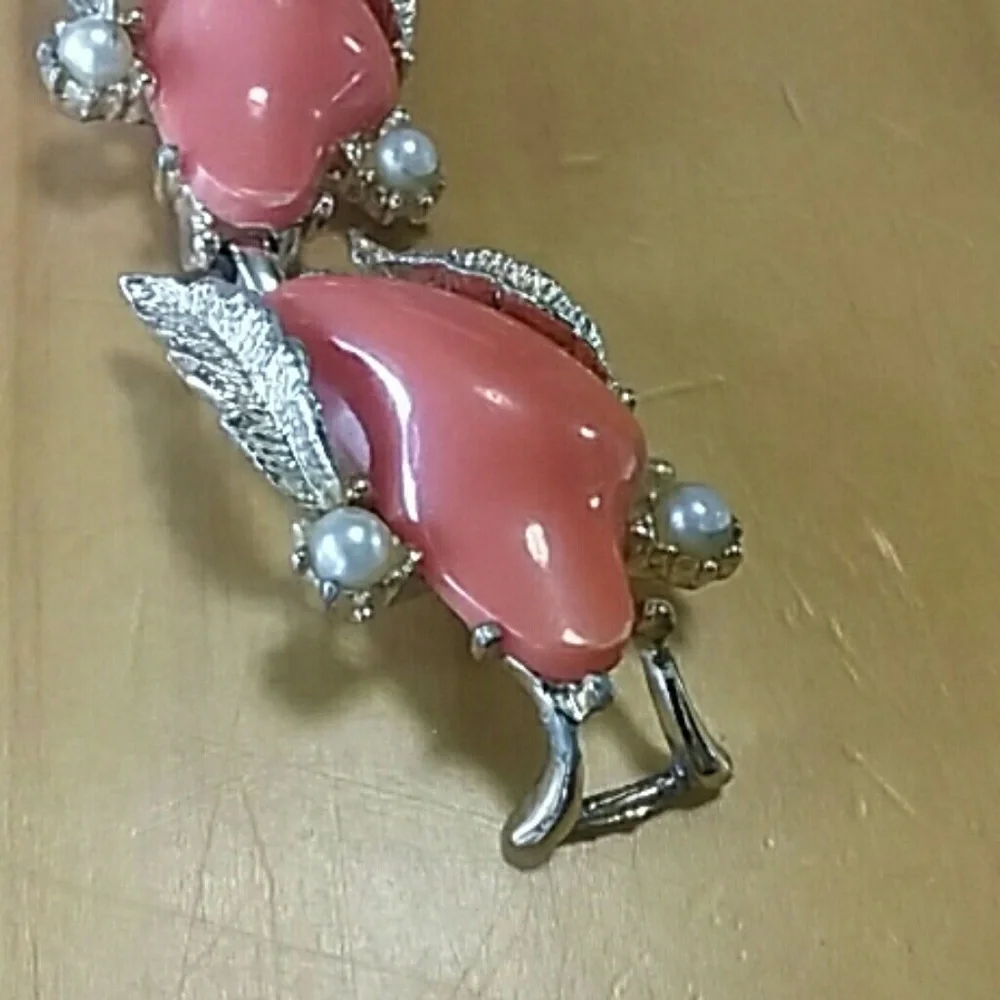 Vintage Unique Bracelet Coral Resin Stones With Pearl And Silver Accents